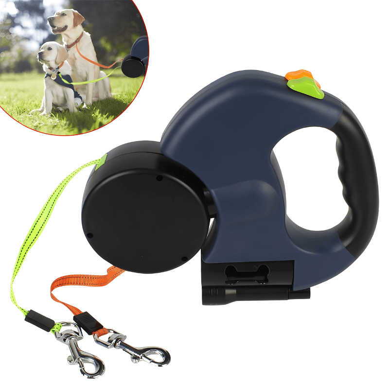 Dual Retractable Leash for Two Small Dogs with LED Flashlight and Poop Bag Dispenser