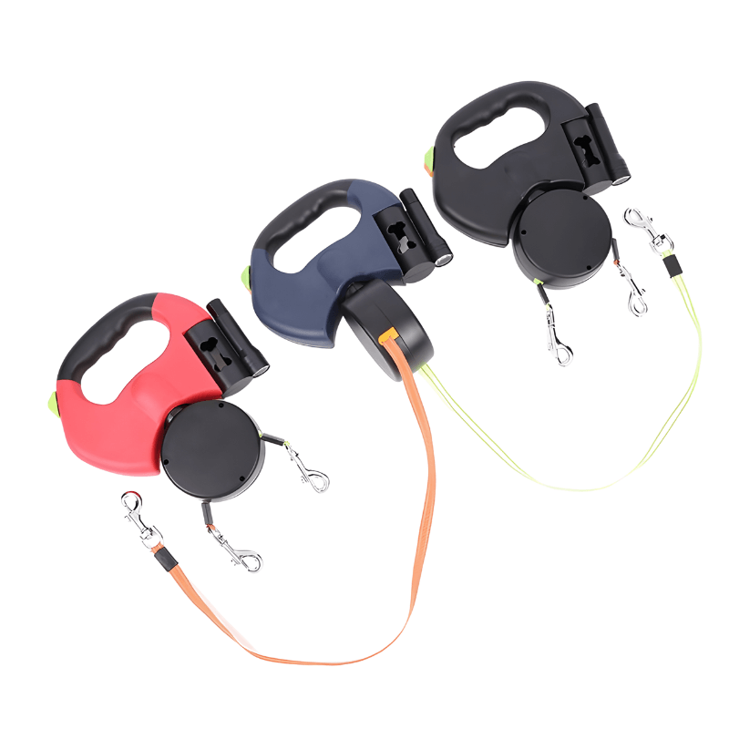 Dual Retractable Leash for Two Small Dogs with LED Flashlight and Poop Bag Dispenser