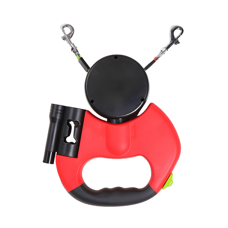 Dual Retractable Leash for Two Small Dogs with LED Flashlight and Poop Bag Dispenser