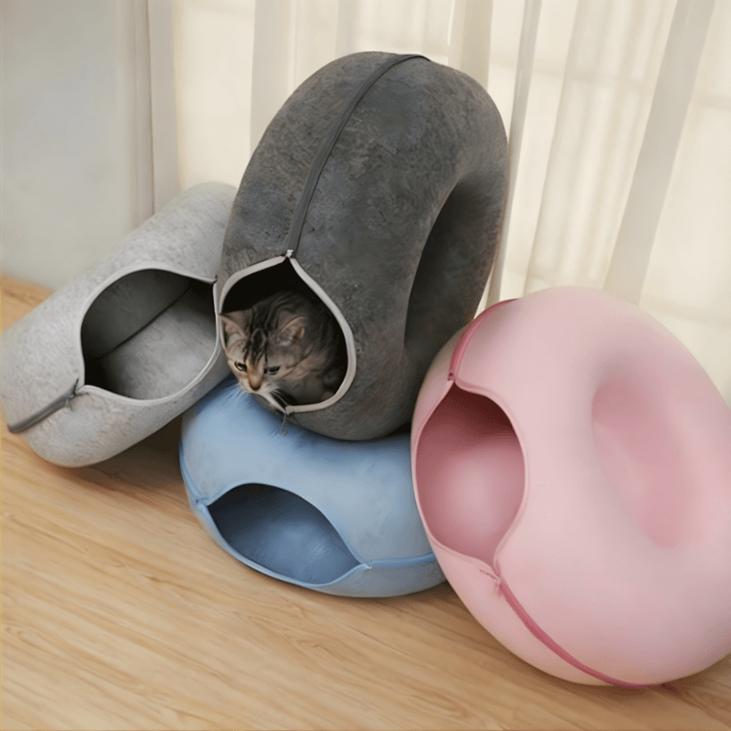 Felt Donut Cat Bed with Zipper Tunnel – Cozy Cave for Play and Rest