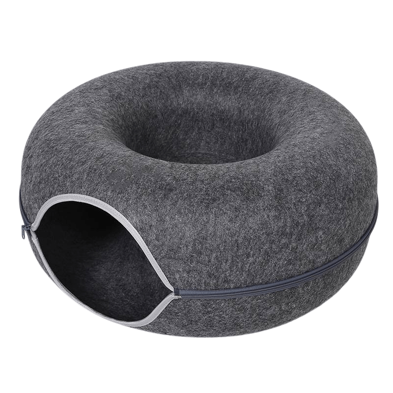 Felt Donut Cat Bed with Zipper Tunnel – Cozy Cave for Play and Rest